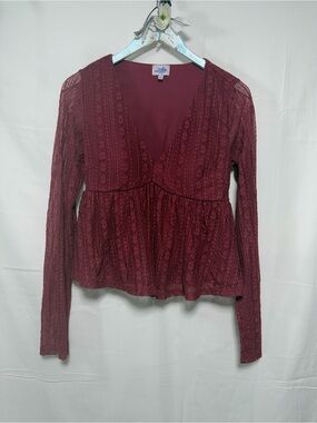 Ruby & Jewell Burgundy Lace Peplum Top Long Sleeve V Neck NWOT Size M